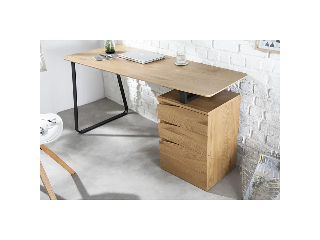 Escritorio recto LUNISSIA 160 cm efecto madera clara con cajonera de 3 cajones y pie en metal negro – Diseño