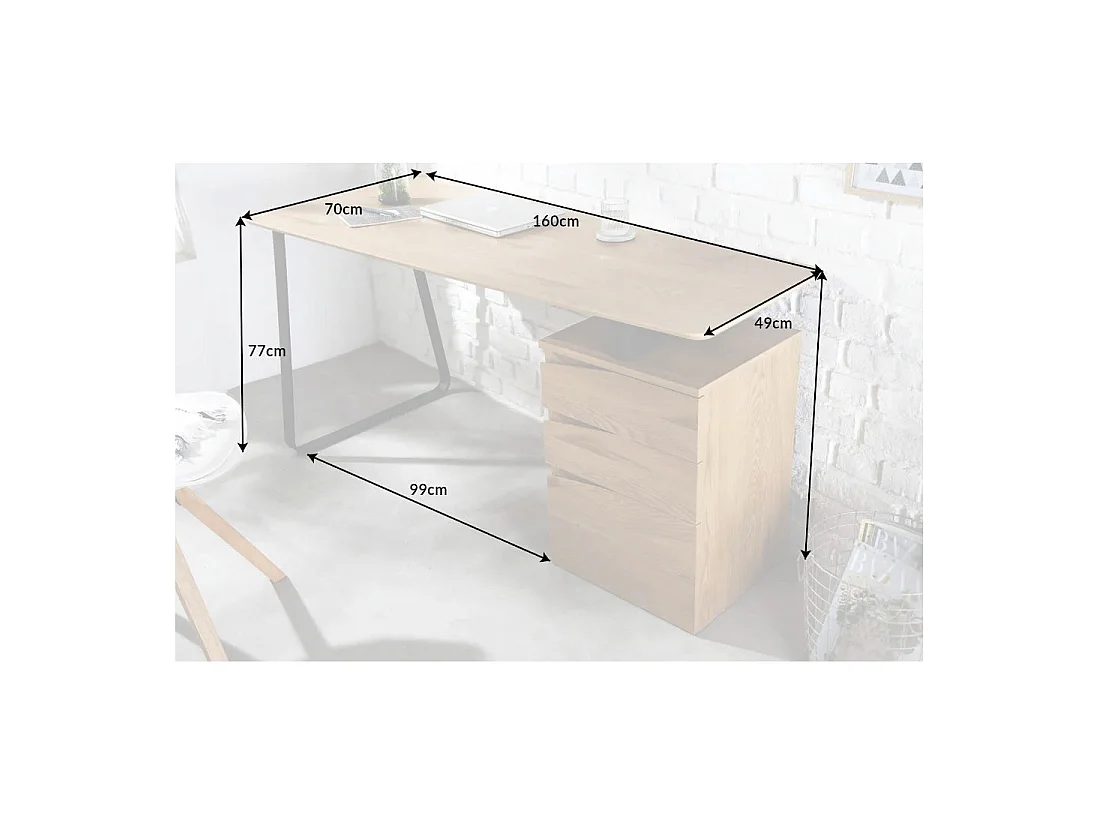 Escritorio recto LUNISSIA 160 cm efecto madera clara con cajonera de 3 cajones y pie en metal negro – Diseño