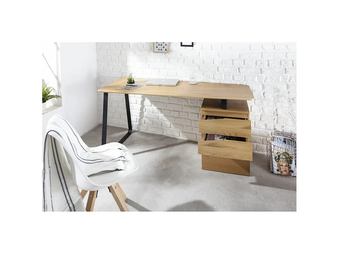 Escritorio recto LUNISSIA 160 cm efecto madera clara con cajonera de 3 cajones y pie en metal negro – Diseño