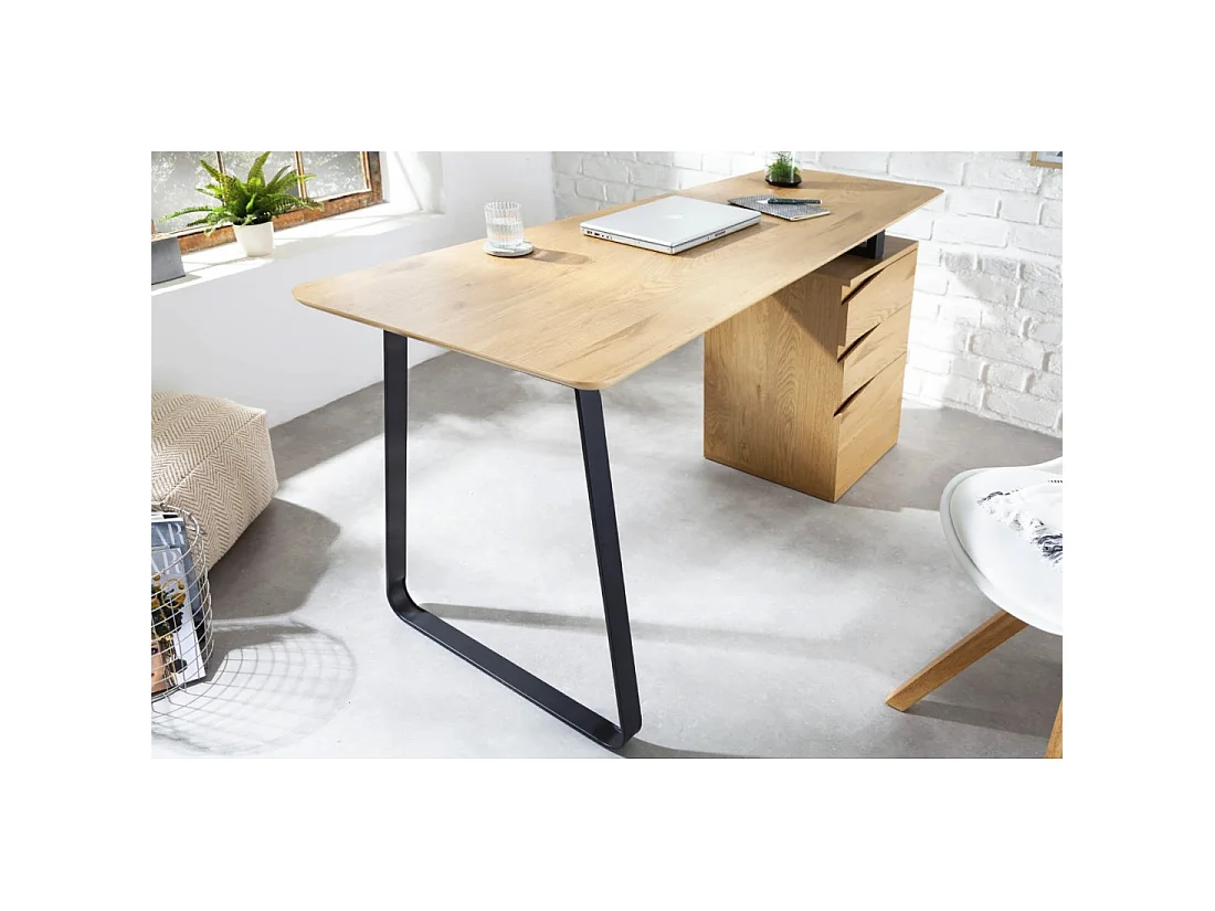 Escritorio recto LUNISSIA 160 cm efecto madera clara con cajonera de 3 cajones y pie en metal negro – Diseño