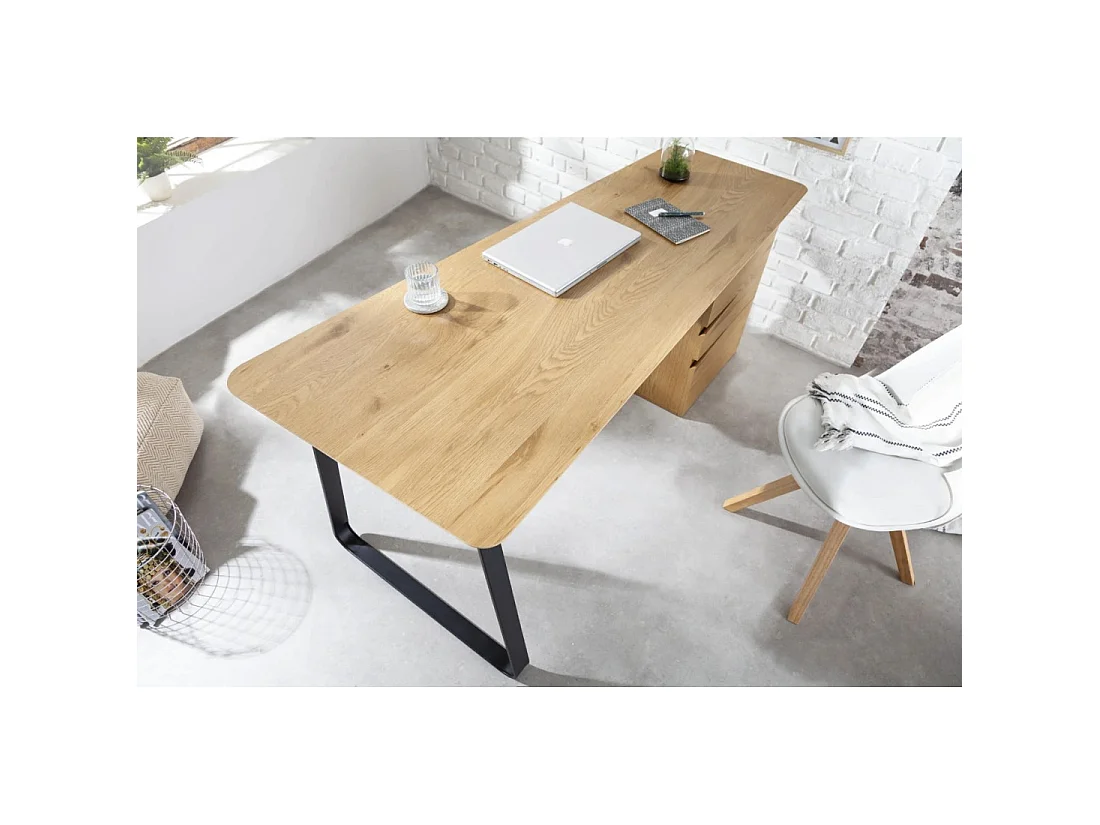 Escritorio recto LUNISSIA 160 cm efecto madera clara con cajonera de 3 cajones y pie en metal negro – Diseño