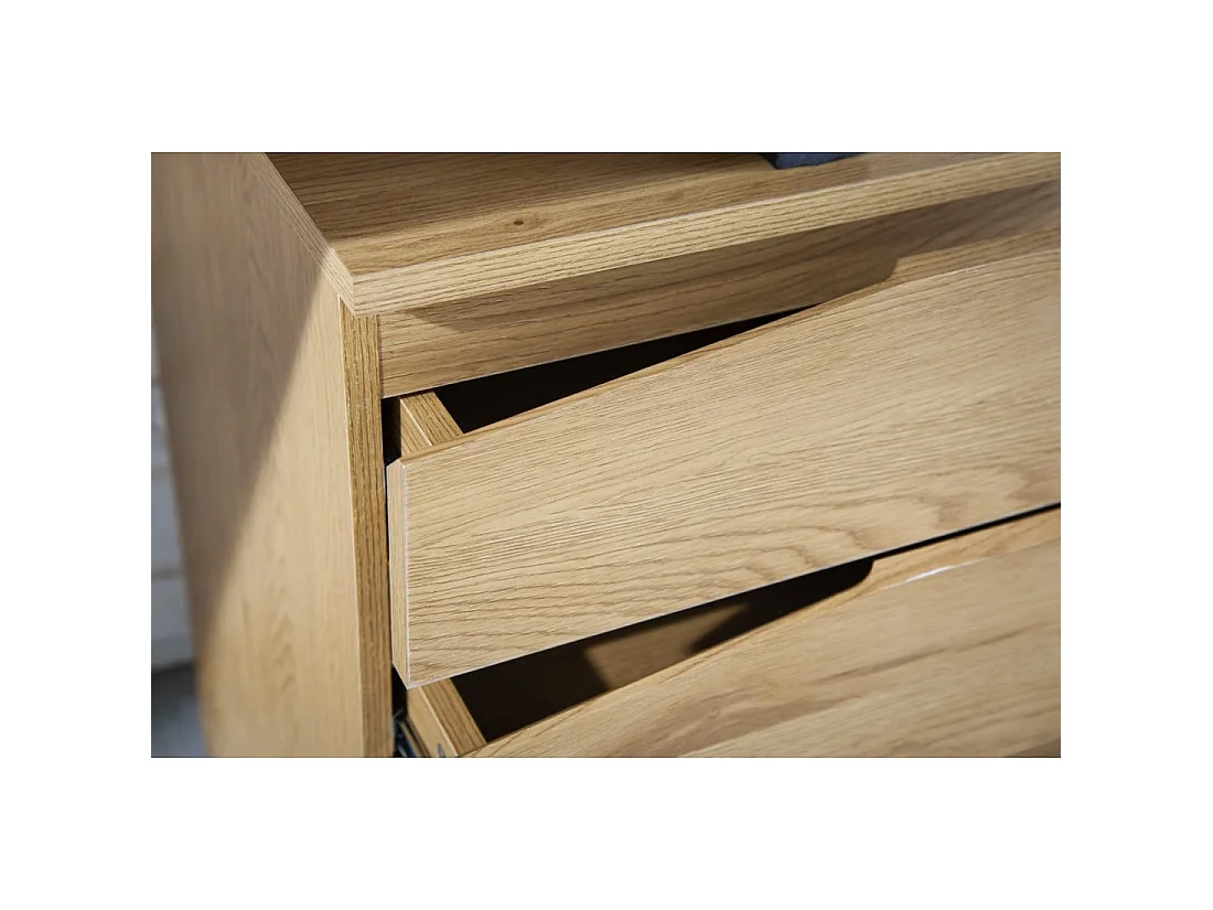 Escritorio recto LUNISSIA 160 cm efecto madera clara con cajonera de 3 cajones y pie en metal negro – Diseño