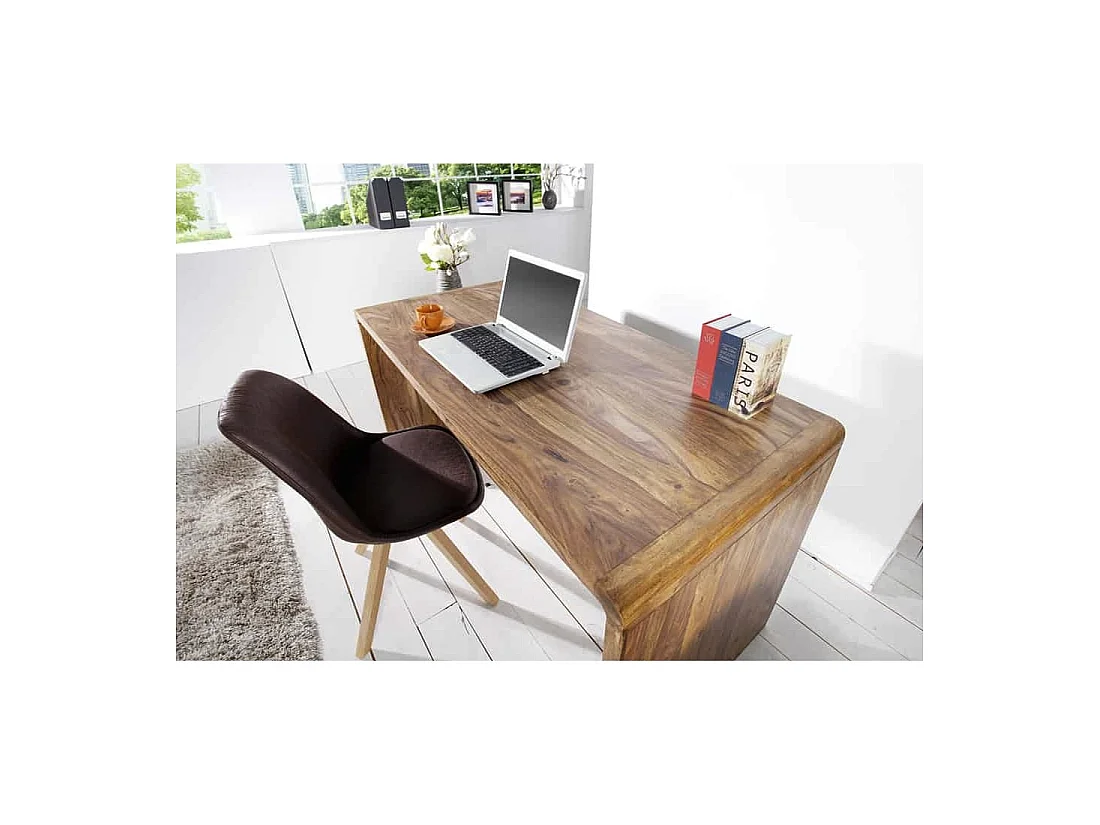 Bureau droit NOMA 120 cm en bois massif de Sheesham verni – Angles arrondis et style rustique