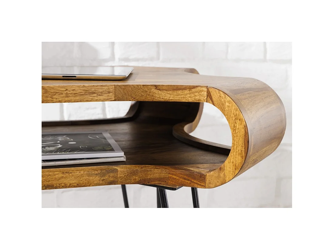 Escritorio industrial retro NERA 120 cm en Sheesham macizo barnizado con nicho y patas de horquilla negras