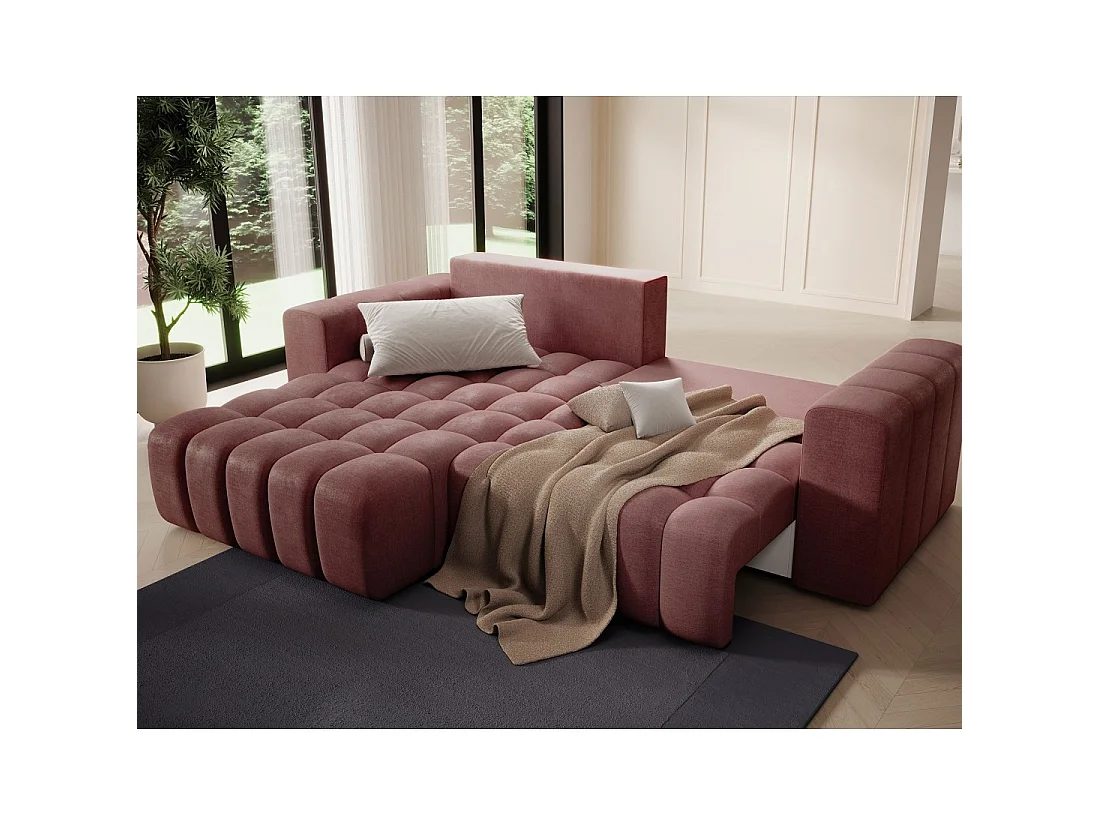 Canapé d'angle convertible DORY rose 250 cm avec coffre de rangement angle gauche