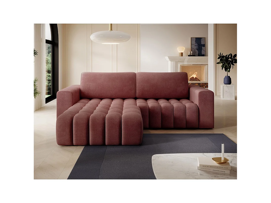 Canapé d'angle convertible DORY rose 250 cm avec coffre de rangement angle gauche