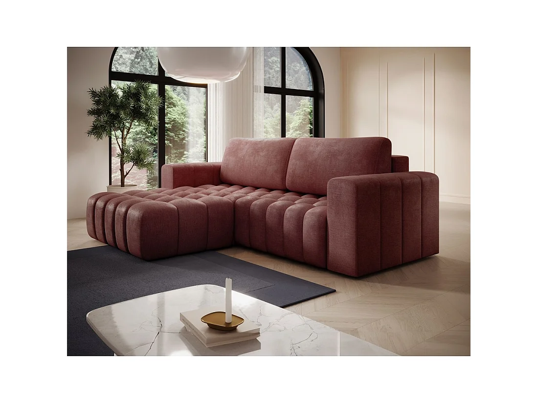 Canapé d'angle convertible DORY rose 250 cm avec coffre de rangement angle gauche