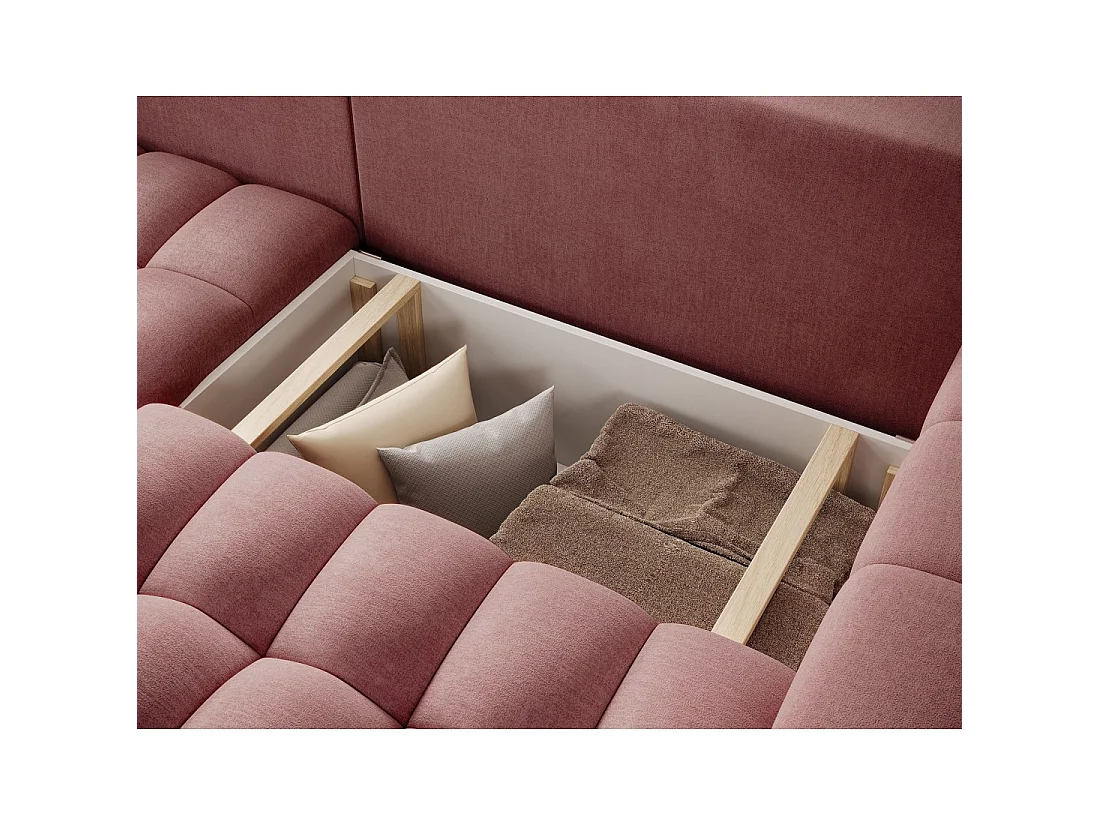 Canapé d'angle convertible DORY rose 250 cm avec coffre de rangement angle gauche