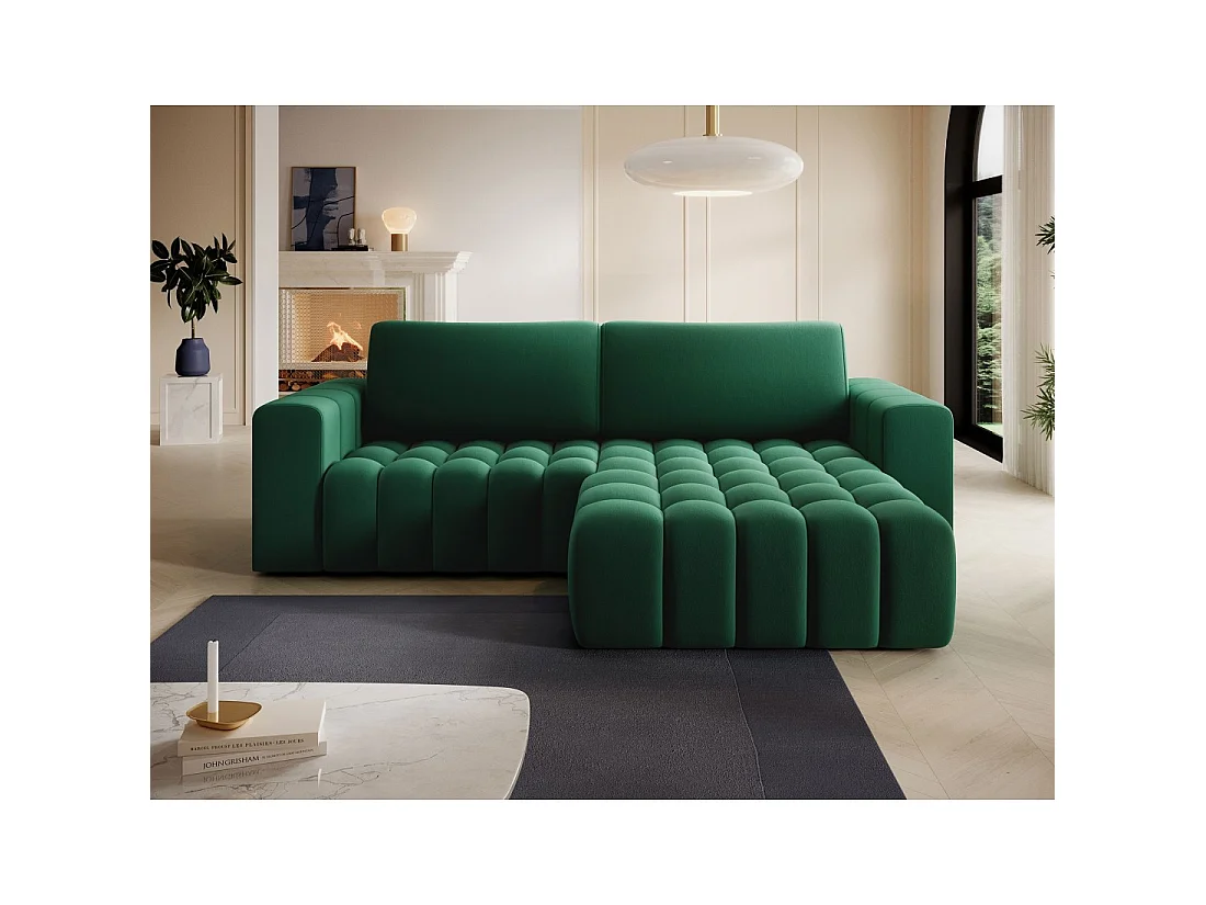 Canapé d'angle convertible DORY vert foncé 250 cm avec coffre de rangement angle droit