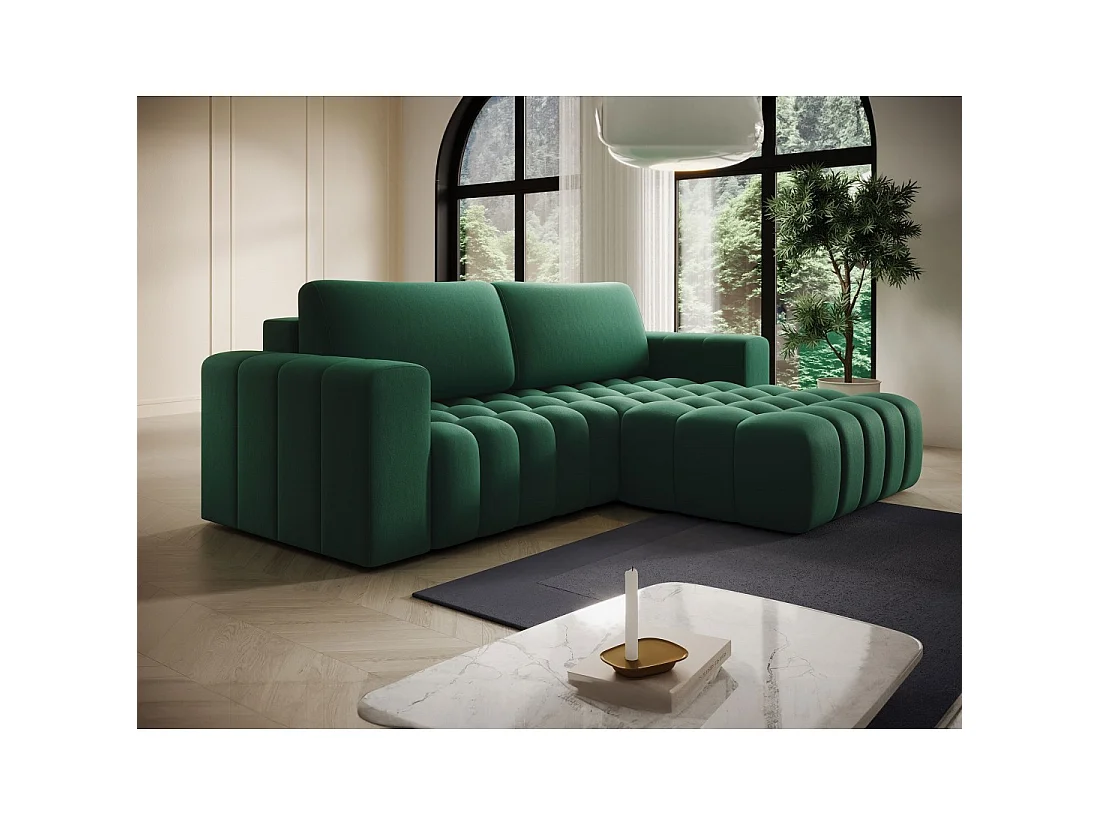 Canapé d'angle convertible DORY vert foncé 250 cm avec coffre de rangement angle droit