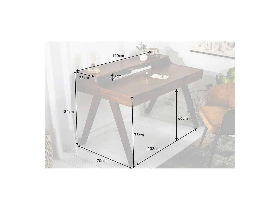 Bureau droit SKAGEN 120 cm en bois massif d'acacia verni avec 2 tiroirs et étagère – Style Davenport