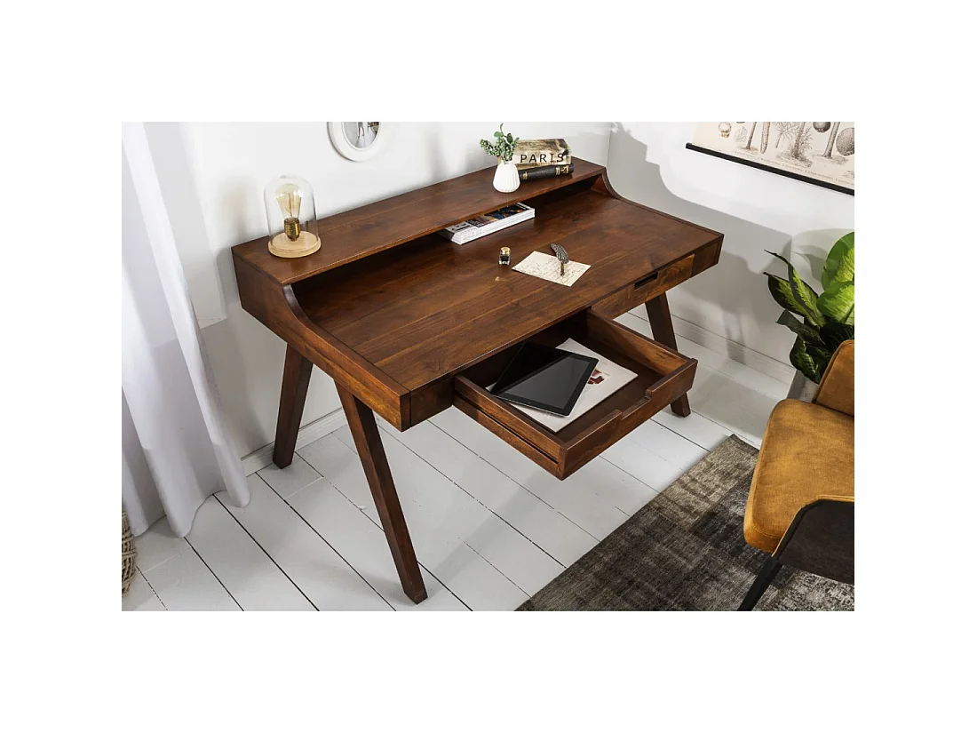 Bureau droit SKAGEN 120 cm en bois massif d'acacia verni avec 2 tiroirs et étagère – Style Davenport