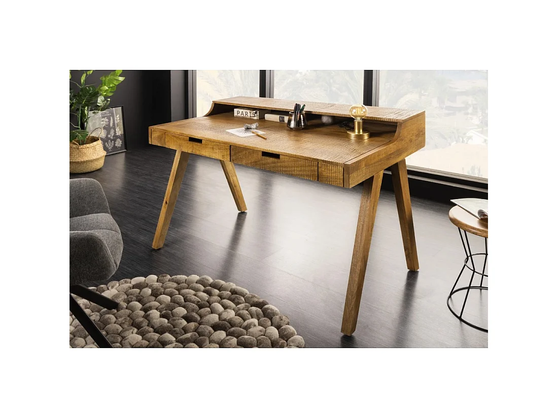 Bureaurecht SKAGEN 120 cm in massief gelakt mangohout met 2 lades en een plank - Stijl Davenport