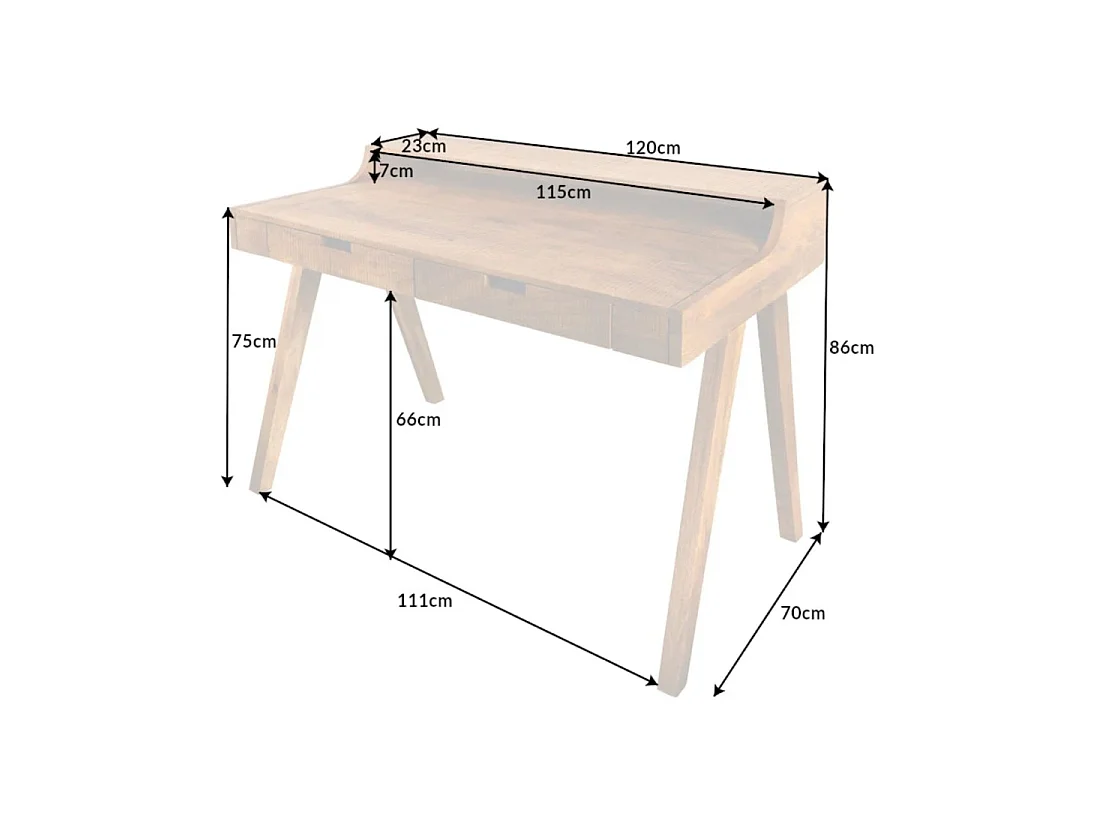 Bureaurecht SKAGEN 120 cm in massief gelakt mangohout met 2 lades en een plank - Stijl Davenport