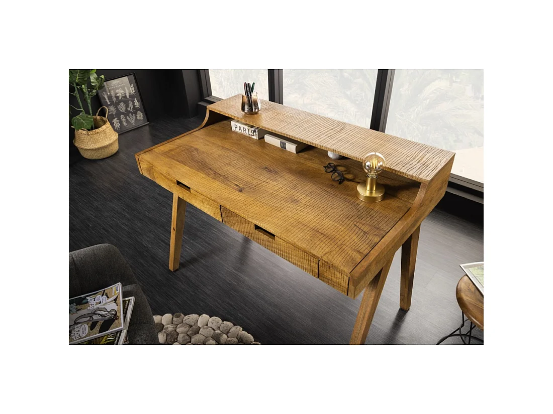 Bureaurecht SKAGEN 120 cm in massief gelakt mangohout met 2 lades en een plank - Stijl Davenport