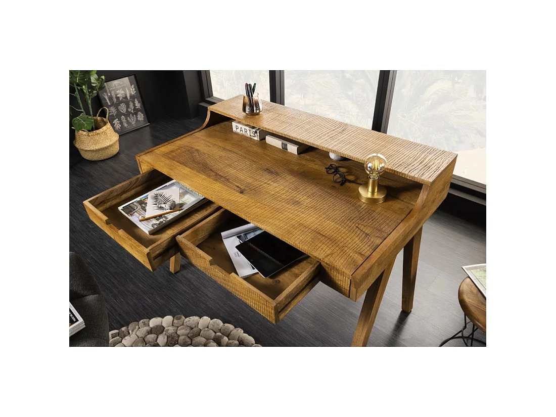 Bureaurecht SKAGEN 120 cm in massief gelakt mangohout met 2 lades en een plank - Stijl Davenport