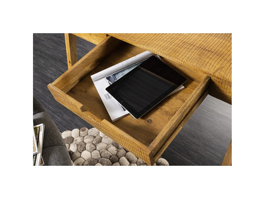 Bureaurecht SKAGEN 120 cm in massief gelakt mangohout met 2 lades en een plank - Stijl Davenport