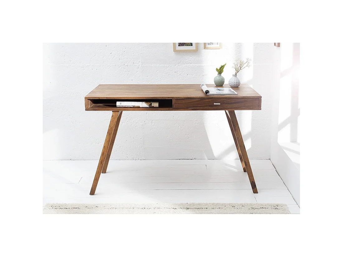 Bureau droit SCANOVA 117 cm en bois massif de Sheesham verni avec tiroir et niche – Style scandinave