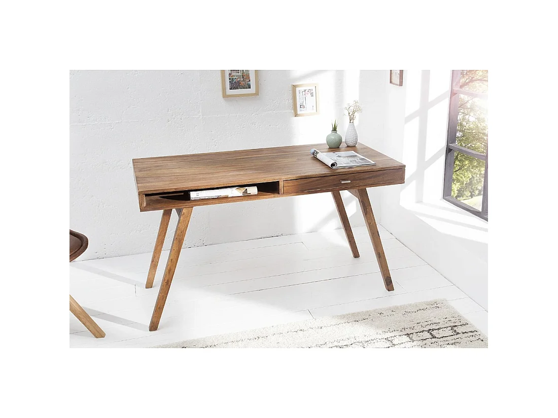 Bureau droit SCANOVA 117 cm en bois massif de Sheesham verni avec tiroir et niche – Style scandinave