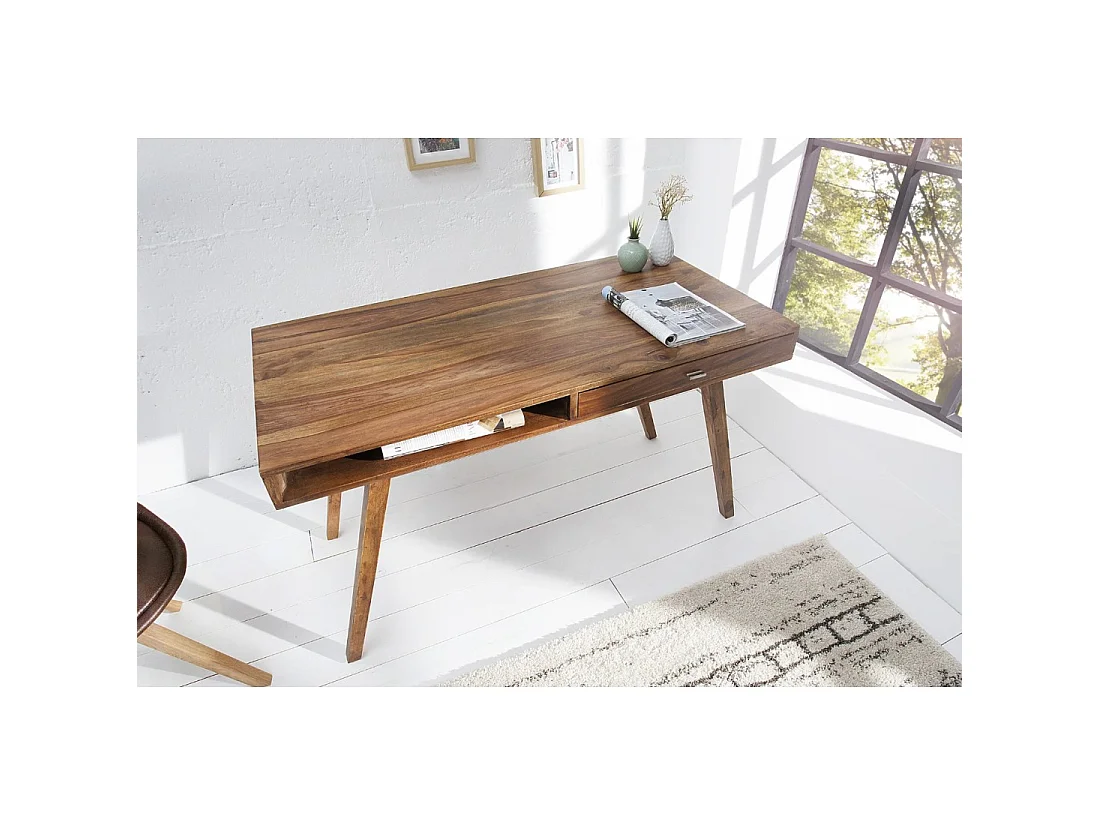 Bureau droit SCANOVA 117 cm en bois massif de Sheesham verni avec tiroir et niche – Style scandinave