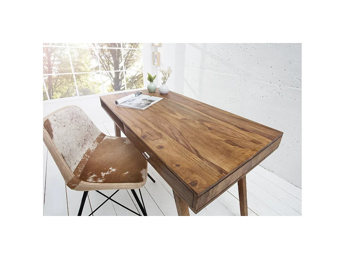 Bureau droit SCANOVA 117 cm en bois massif de Sheesham verni avec tiroir et niche – Style scandinave