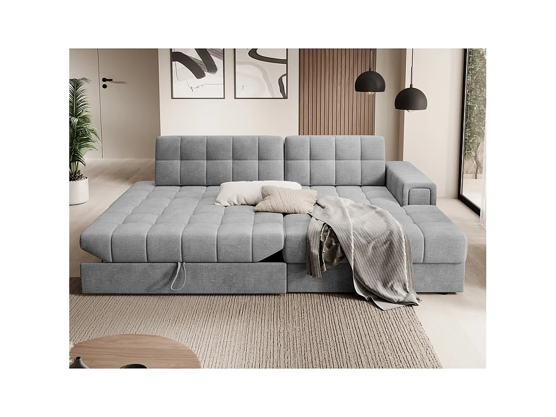 Canapé d'angle convertible CUBITO gris 240 cm avec coffre et couchage