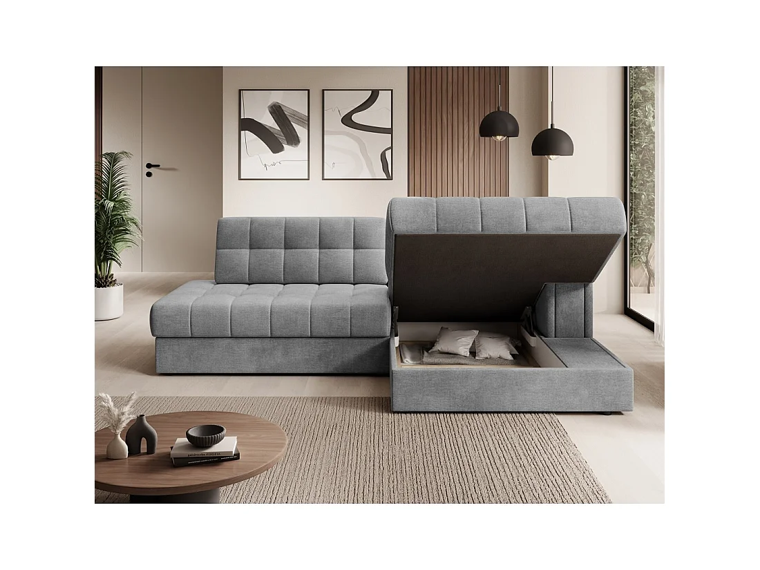 Canapé d'angle convertible CUBITO gris 240 cm avec coffre et couchage
