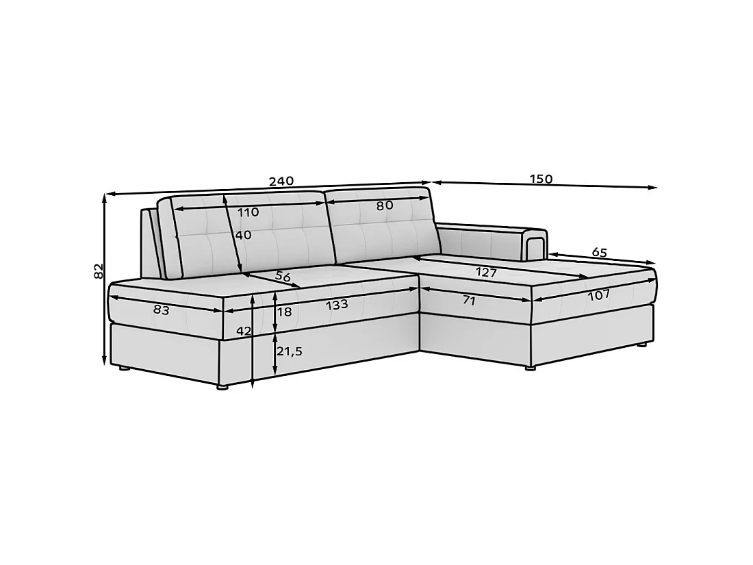 Canapé d'angle convertible CUBITO gris 240 cm avec coffre et couchage
