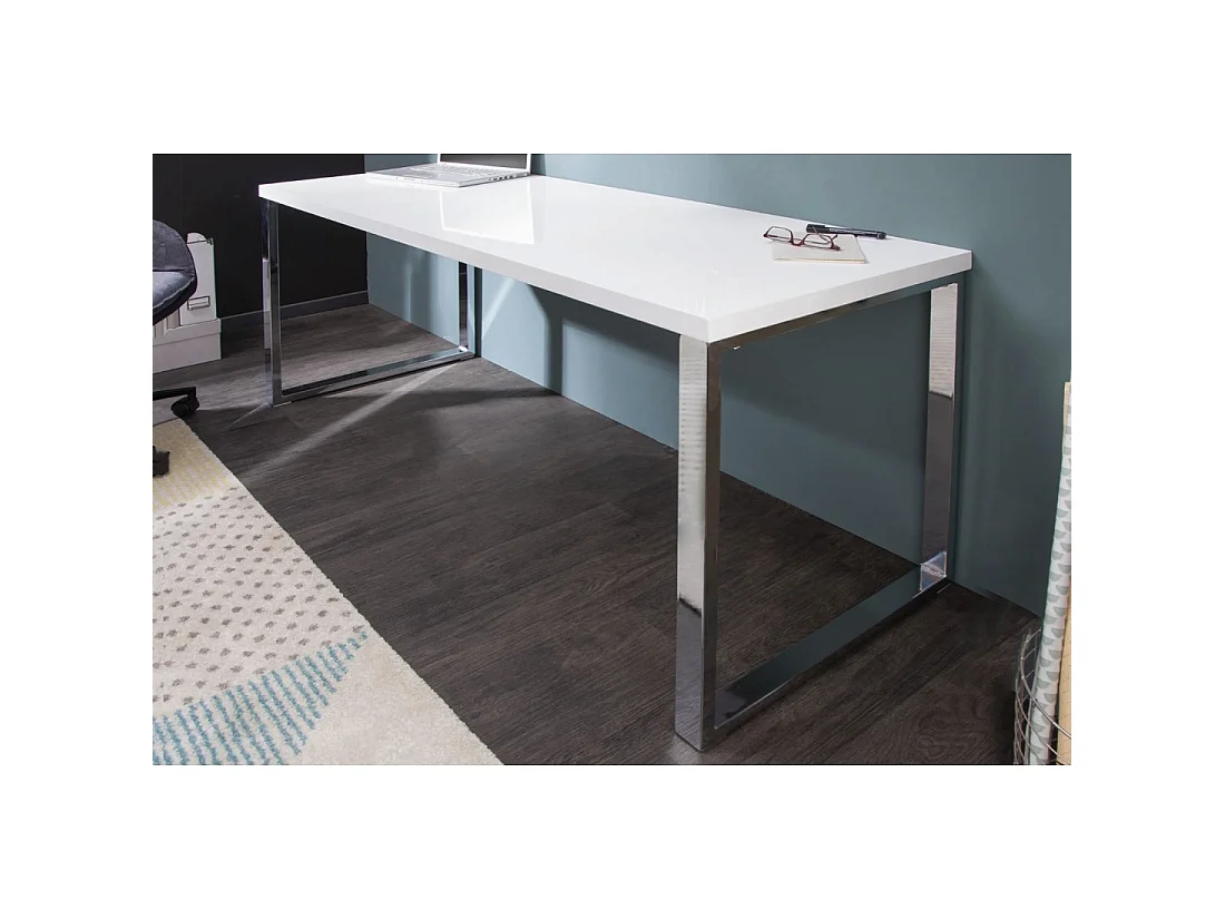 Bureau design MONZA 140x60 cm wit hoogglans met zilveren verchroomde poten