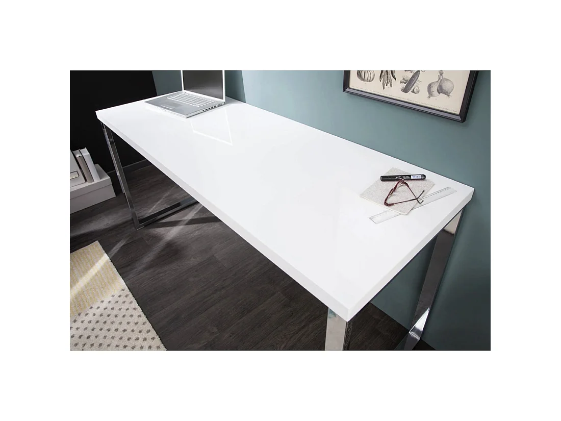 Bureau design MONZA 140x60 cm wit hoogglans met zilveren verchroomde poten
