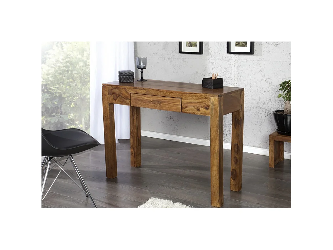Escritorio recto ORBO 100 cm en madera maciza de Sheesham barnizada con cajón - Marrón natural