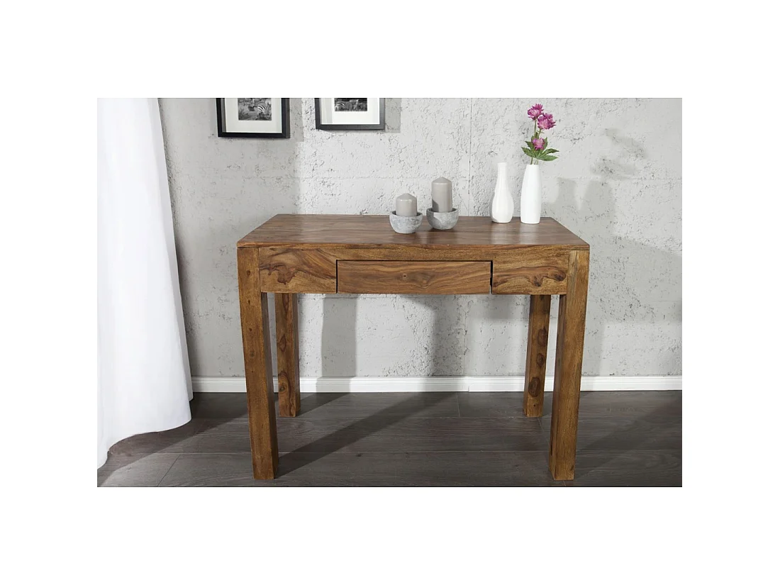 Escritorio recto ORBO 100 cm en madera maciza de Sheesham barnizada con cajón - Marrón natural