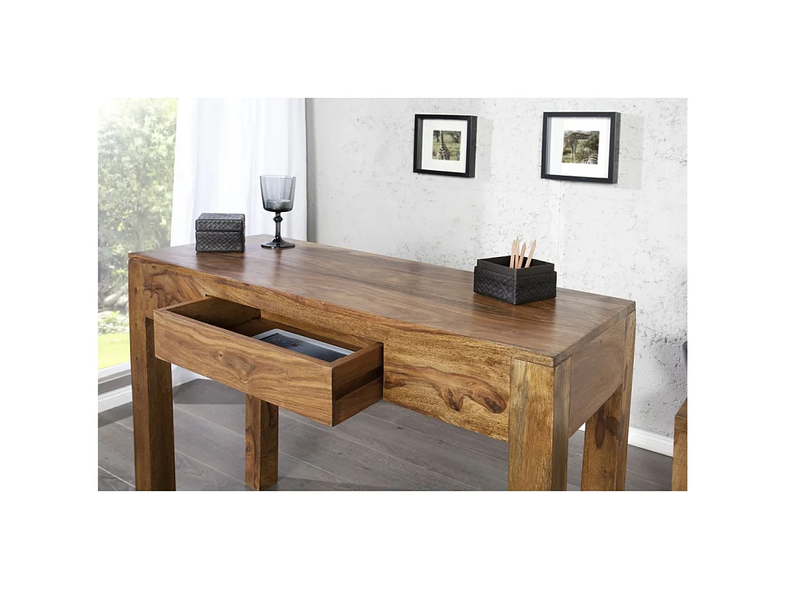 Escritorio recto ORBO 100 cm en madera maciza de Sheesham barnizada con cajón - Marrón natural
