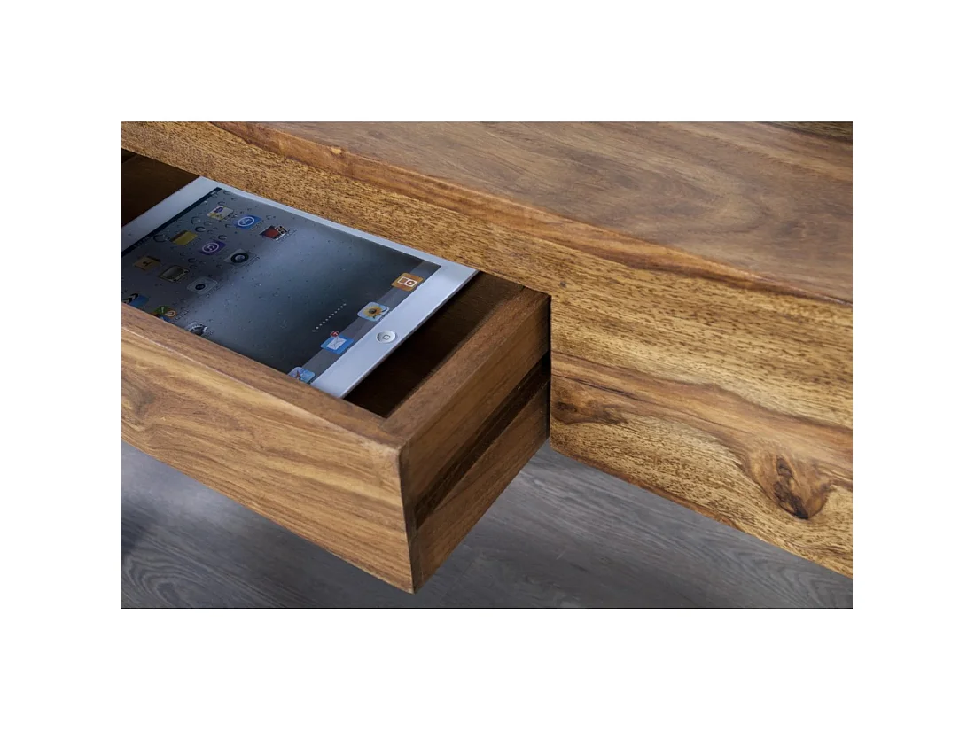 Escritorio recto ORBO 100 cm en madera maciza de Sheesham barnizada con cajón - Marrón natural
