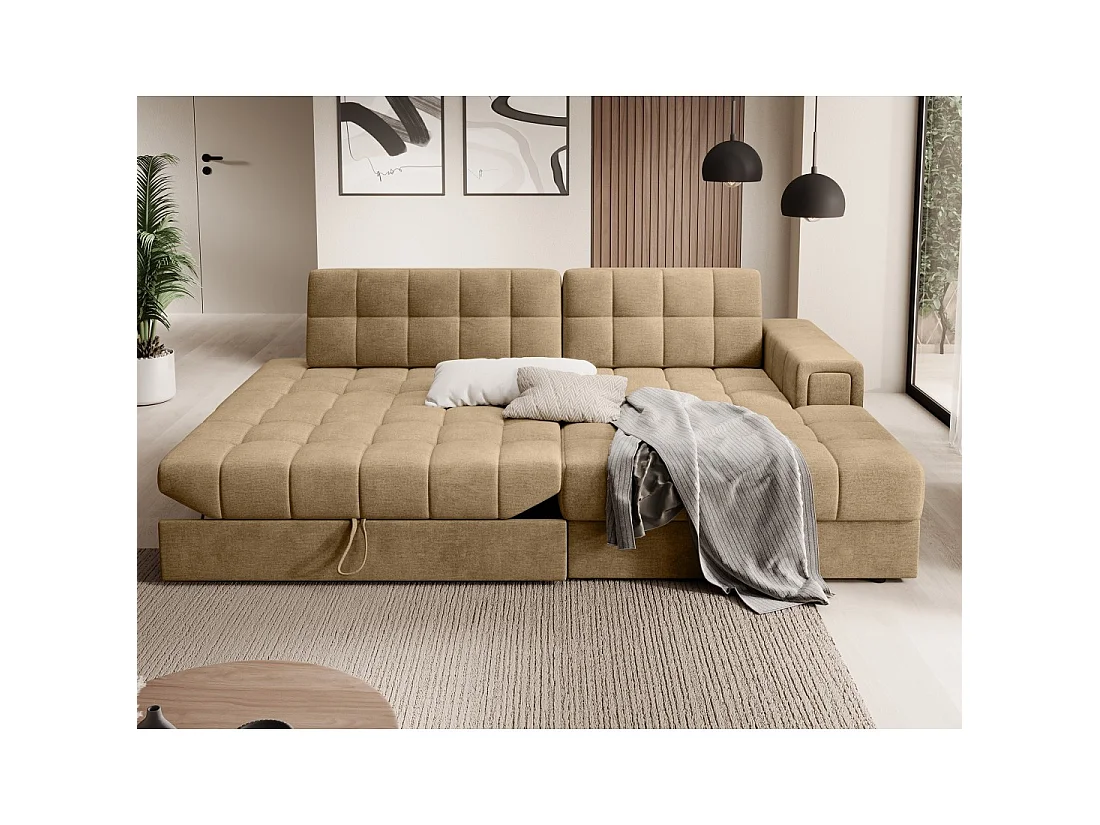 Canapé d'angle convertible CUBITO beige 240 cm avec coffre et couchage