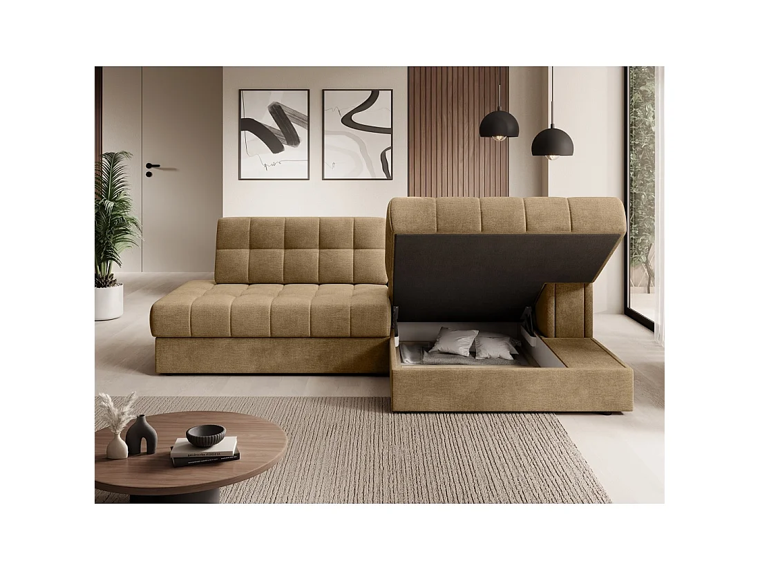 Canapé d'angle convertible CUBITO beige 240 cm avec coffre et couchage