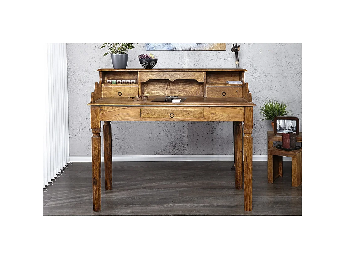 Escritorio recto ORBO 115 cm en madera maciza de Sheesham barnizada con 3 cajones y 3 nichos – Estilo Davenport