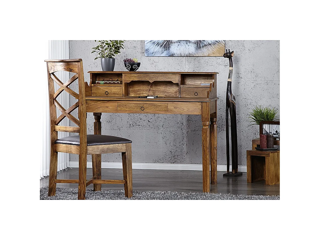 Escritorio recto ORBO 115 cm en madera maciza de Sheesham barnizada con 3 cajones y 3 nichos – Estilo Davenport