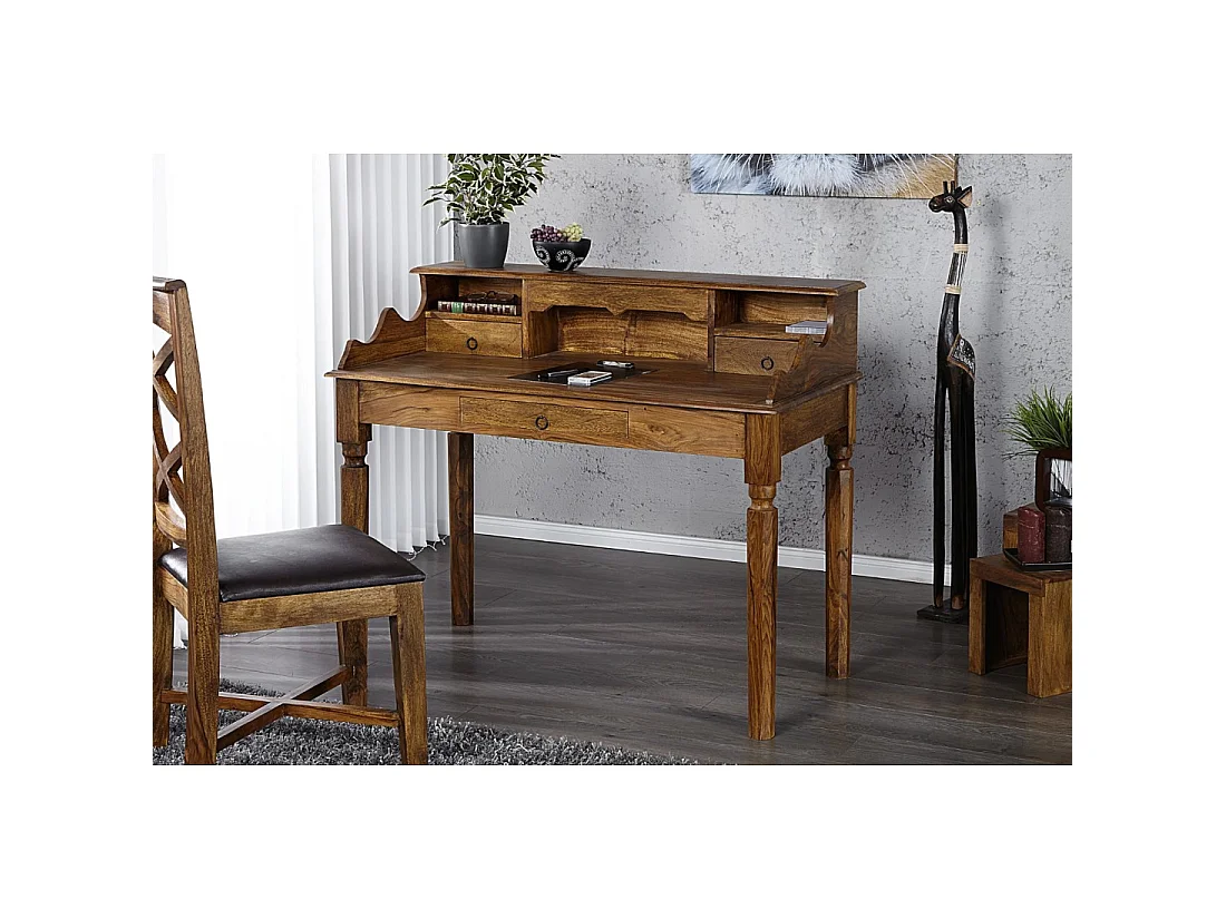 Escritorio recto ORBO 115 cm en madera maciza de Sheesham barnizada con 3 cajones y 3 nichos – Estilo Davenport