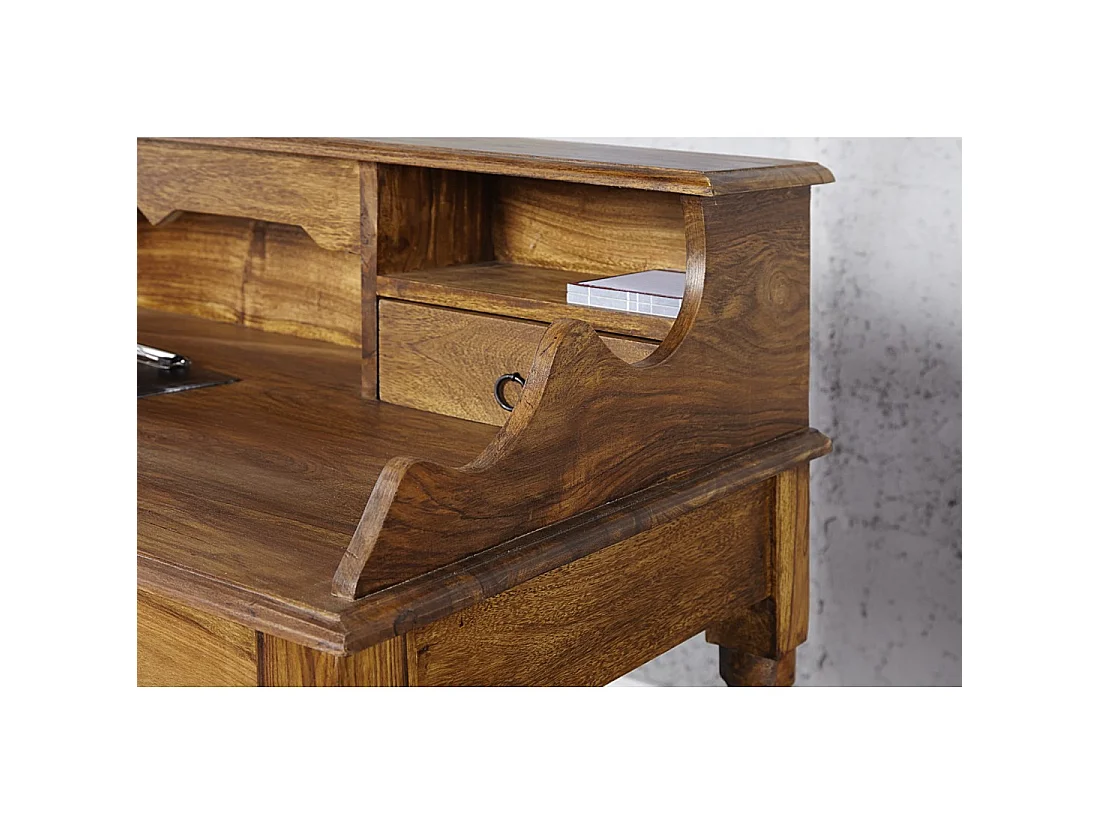 Escritorio recto ORBO 115 cm en madera maciza de Sheesham barnizada con 3 cajones y 3 nichos – Estilo Davenport