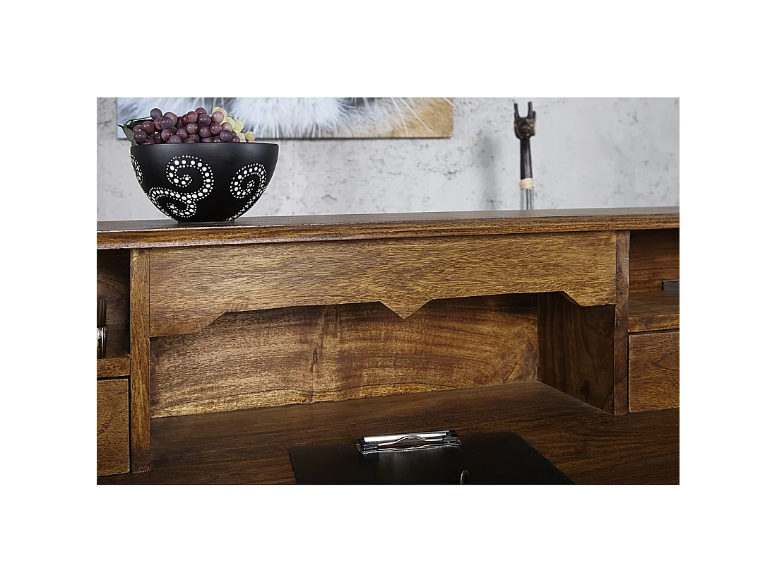 Escritorio recto ORBO 115 cm en madera maciza de Sheesham barnizada con 3 cajones y 3 nichos – Estilo Davenport