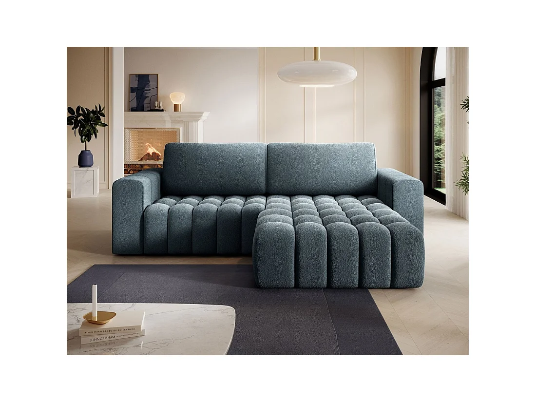 Canapé d'angle convertible DORY bleu nuit 250 cm avec coffre de rangement angle droit