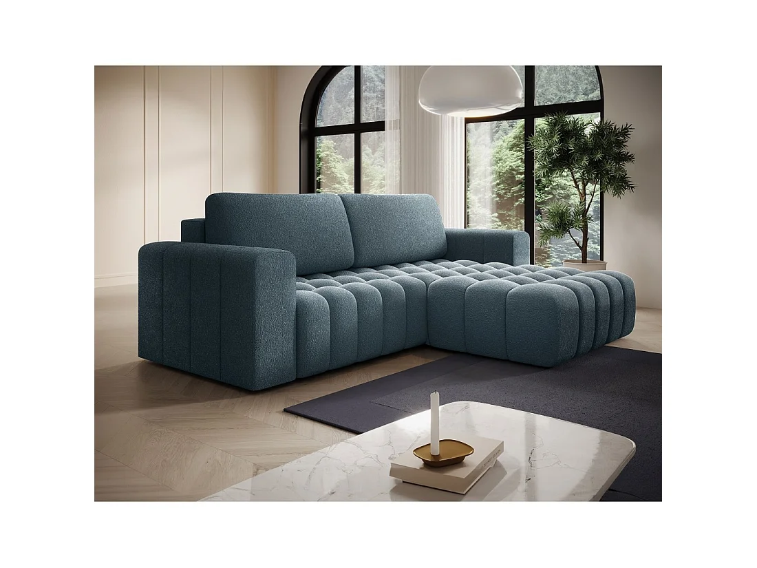 Canapé d'angle convertible DORY bleu nuit 250 cm avec coffre de rangement angle droit