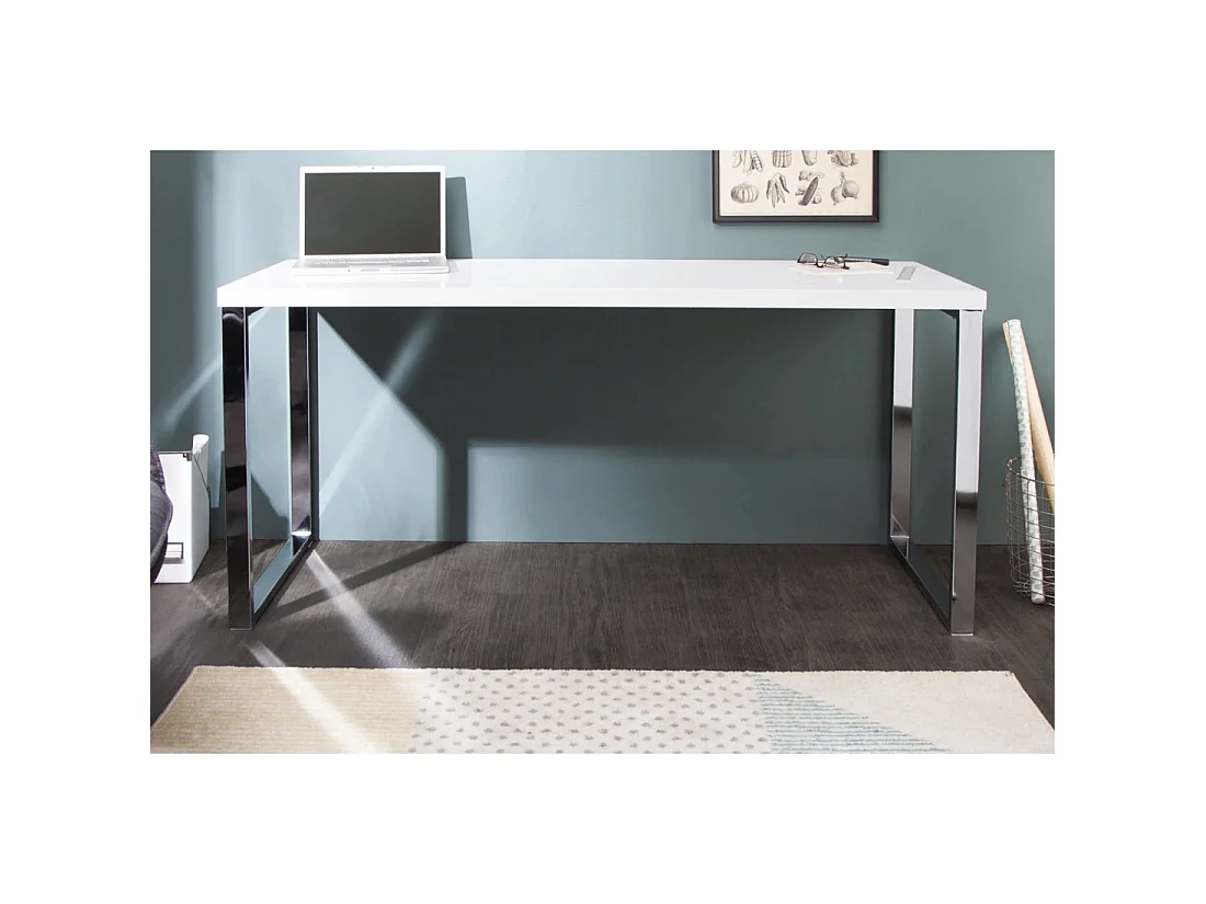 Bureau design MONZA 160x60 cm wit glanzend met zilveren verchroomde poten