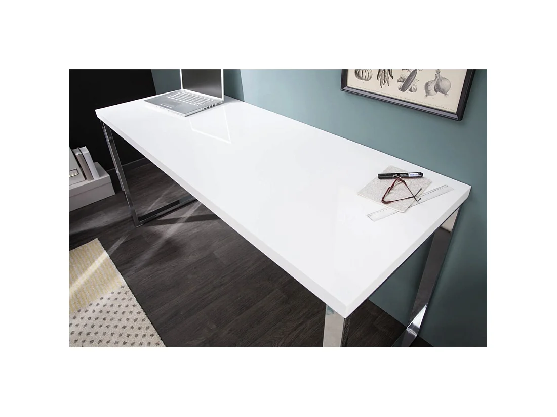 Bureau design MONZA 160x60 cm wit glanzend met zilveren verchroomde poten