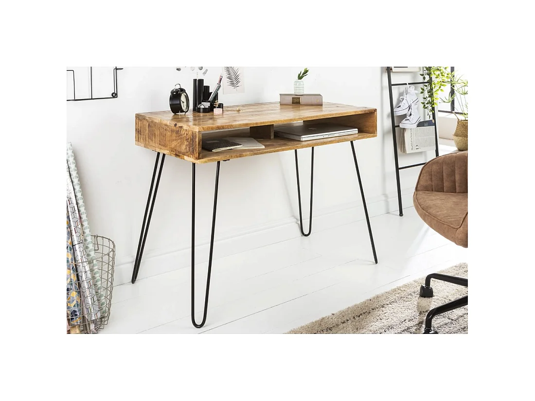 Escritorio industrial SILVA de 100 cm en madera maciza de mango con nicho y patas de aguja en metal negro