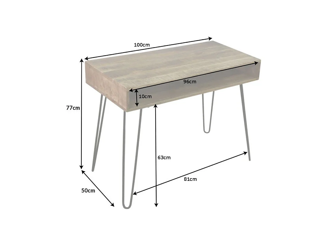 Escritorio industrial SILVA de 100 cm en madera maciza de mango con nicho y patas de aguja en metal negro