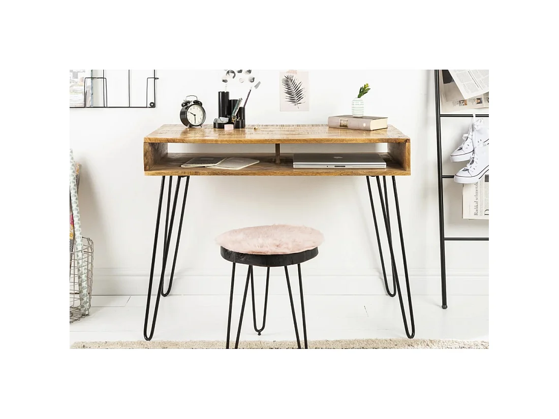 Escritorio industrial SILVA de 100 cm en madera maciza de mango con nicho y patas de aguja en metal negro