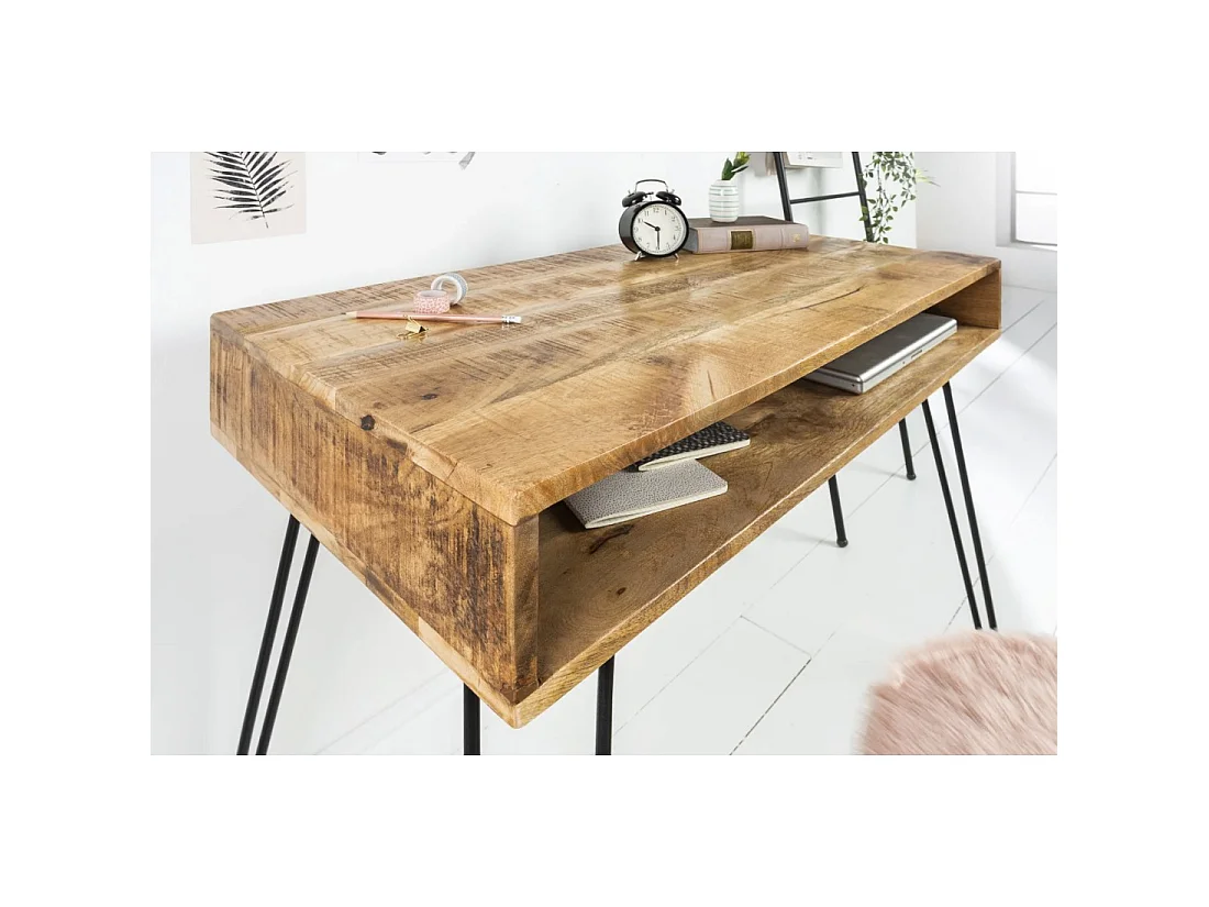 Escritorio industrial SILVA de 100 cm en madera maciza de mango con nicho y patas de aguja en metal negro