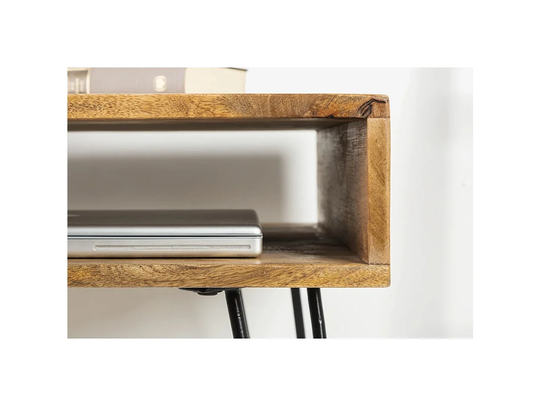 Escritorio industrial SILVA de 100 cm en madera maciza de mango con nicho y patas de aguja en metal negro